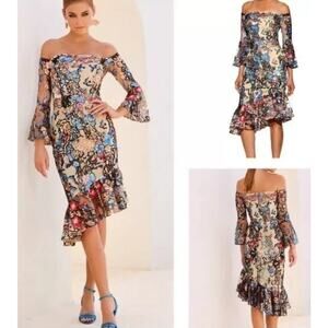 ALEXIA ADMOR Ivory Floral Sequin Embroidered Asymmetric Dress Size 4 Party